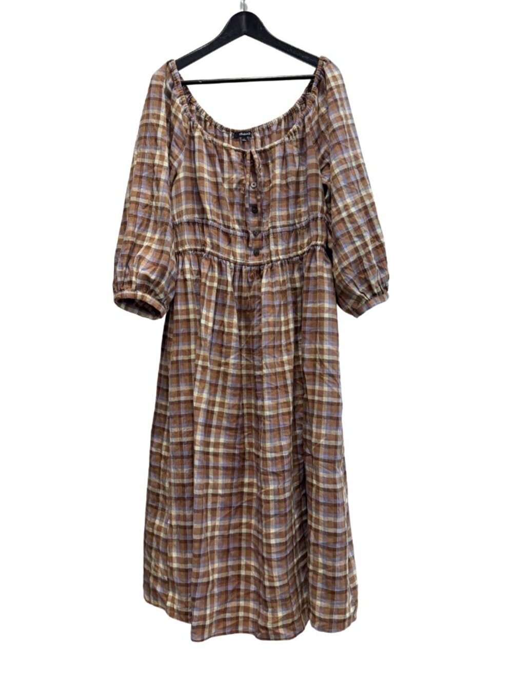 Madewell Gauze Sophia Midi Peasant Cottage Dress Brown Purple Plaid Size Large - Picture 4 of 7